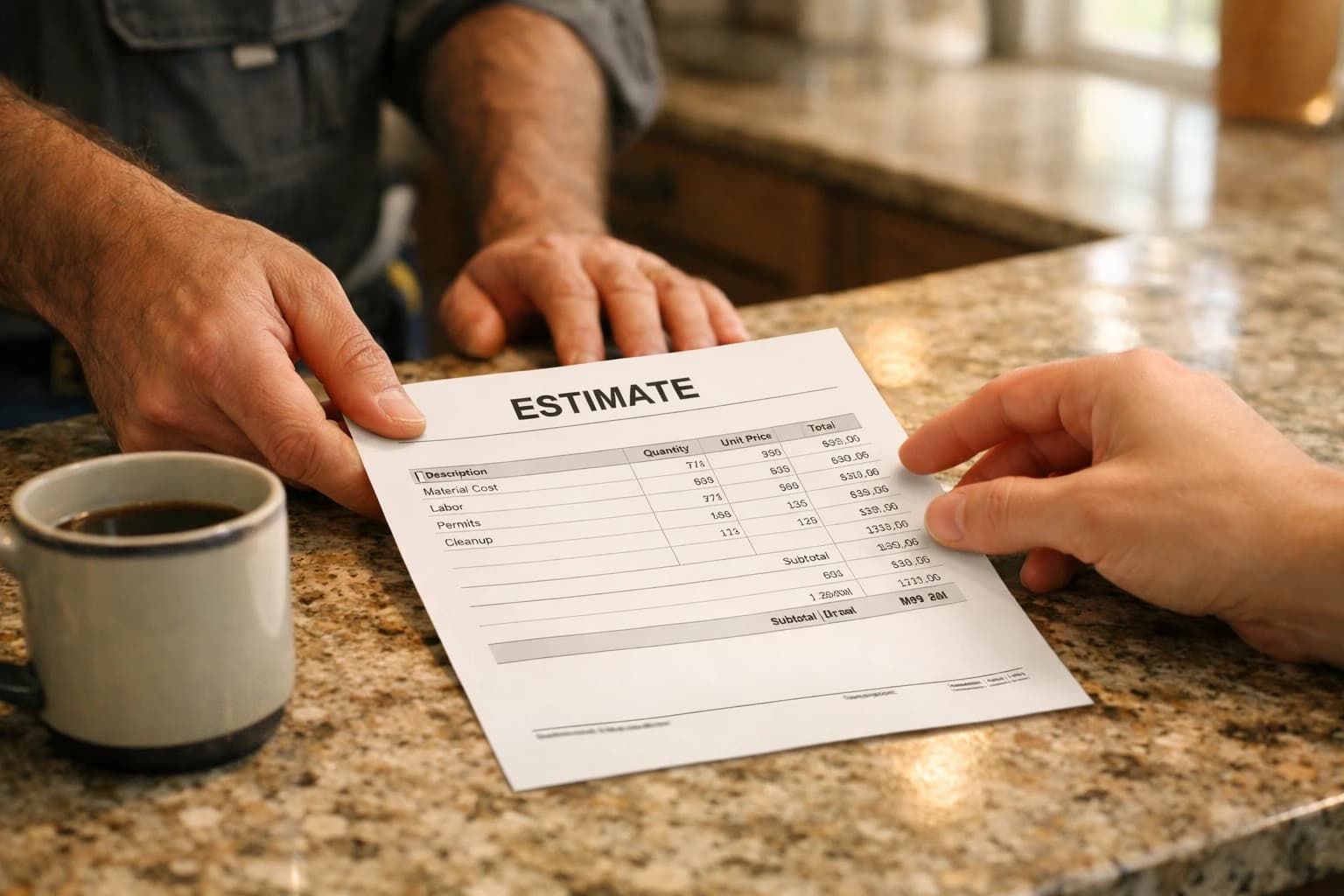 Itemized estimate explained at kitchen counter