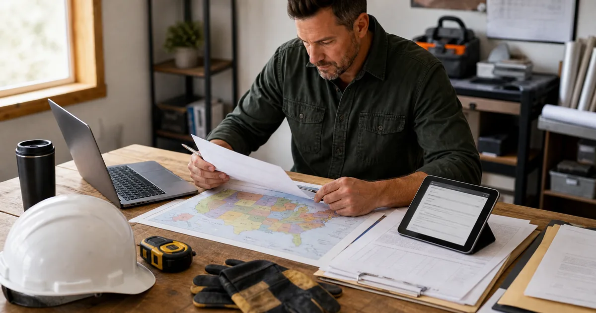 Contractor reviewing state license paperwork, permits, and estimate checklist at a jobsite desk