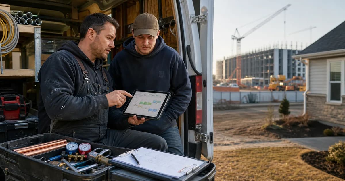 Contractor reviewing a labor buffer checklist in a van while data center construction competes for trades