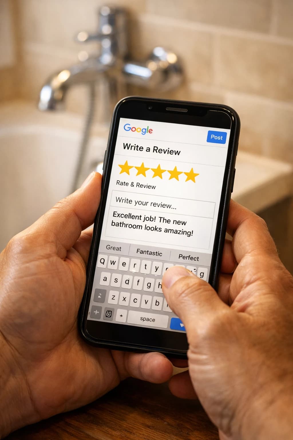 Homeowner posting a five-star review strategy in action