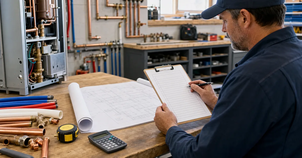 Plumbing contractor reviewing a 2027 code bid checklist beside tankless equipment and pipe samples