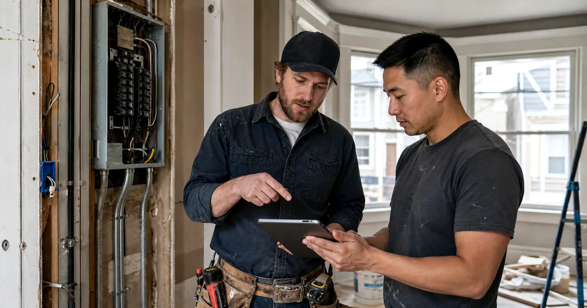 Remodeling contractor and electrician reviewing an all-electric renovation scope beside an open panel
