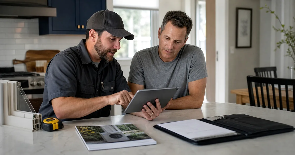 Contractor and homeowner reviewing an energy rebate quote cutoff checklist on a tablet