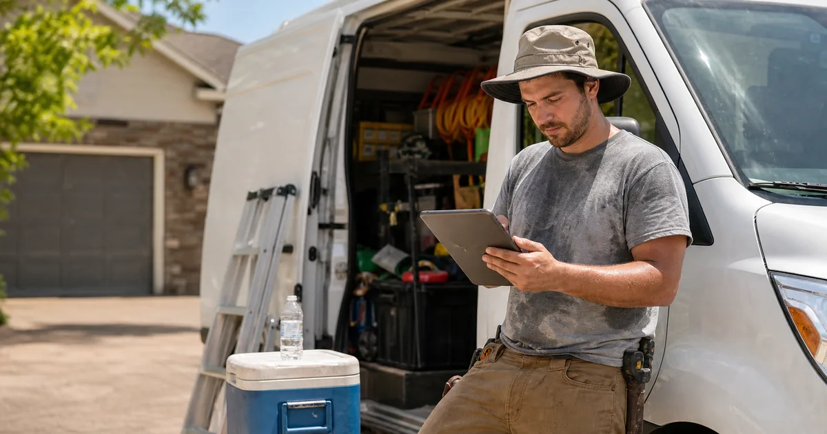 Outdoor contractor reviewing a heat delay schedule clause on a tablet beside a work van